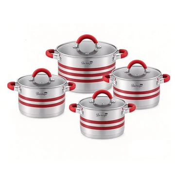Bachmayer BM-4010 8 részes rozsdamentes acél edénykészlet, Ezüst, piros színű díszcsíkokkal és fogantyúkkal