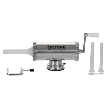 Hausberg Ertone ERT-MN 415 acél kézi kolbásztöltő, 2.5 kg kapacitás, 3 különböző méretű tölcsér: 15mm, 19mm, 22mm, Ezüst szin