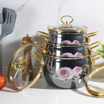 MASTERPAN  MP-2638 6 db-os Zománcozott edénykészlet, Fekete, Virágmintával