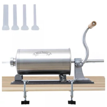 Micul Fermier YG-2008PA 4 kg-os vízszintes rozsdamentes acél kolbászkészítő gép, 4 db töltőcsővel