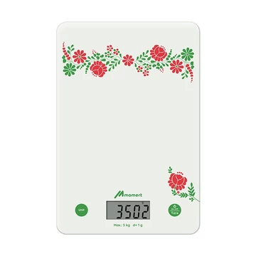 Momert 6859 Digitális üveglapos konyhamérleg kalocsai mintával, Maximális terhelhetőség 5 kg, Leolvasási pontosság 1 g