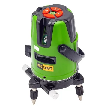 Procraft LE-3D Zöld lineáris, keresztirányú önszintező lézer, 5 soros vetítés, 3.7 V / 2 Ah Li-Ion akkumulátor, Pontosság (+/-) 0,5 mm/m