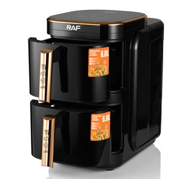 RAF R-5396 Forrólevegős sütő/Air-Fryer, dupla kosárral, 2×6 literes, 2400 W, érintőképernyővel, Fekete, Rézbevonatos foggantyúval
