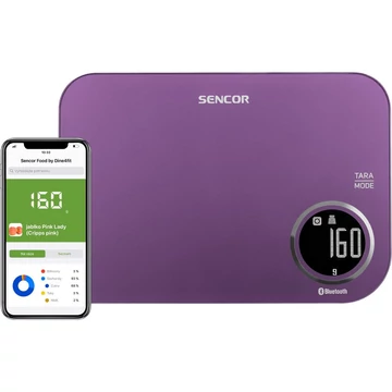 Sencor SKS 7073VT Smart konyhai mérleg, LCD kijelző, Sencor FOOD alkalmazás, Dine4Fit adatbázis, Android vagy iOS, Bluetooth, 5 kg/1 g, tömeg mérés, tejtérfogat/víztérfogat mérés, Lila