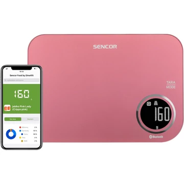 Sencor SKS 7074RD Smart konyhai mérleg, LCD kijelző, Sencor FOOD alkalmazás, Dine4Fit adatbázis, Android vagy iOS, Bluetooth, 5 kg/1 g, tömeg mérés, tejtérfogat/víztérfogat mérés, Piros