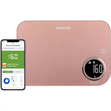 Sencor SKS 7075RS Smart konyhai mérleg, LCD kijelző, Sencor FOOD alkalmazás, Dine4Fit adatbázis, Android vagy iOS, Bluetooth, 5 kg/1 g, tömeg mérés, tejtérfogat/víztérfogat mérés, Rózsaszín