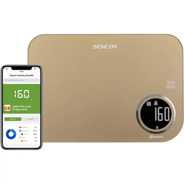 Sencor SKS 7077CH Smart konyhai mérleg, LCD kijelző, Sencor FOOD alkalmazás, Dine4Fit adatbázis, Android vagy iOS, Bluetooth, 5 kg/1 g, tömeg mérés, tejtérfogat/víztérfogat mérés, Bézs