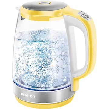 Sencor SWK 2196YL Üveg Vízforraló, 2 L , 2200 W, 360°-os STRIX középcsatlakozó, Hőmérséklettő függő belső LED világítás, Sárga