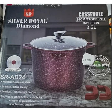 Silver Royal SR-AD24 Márvány bevonatú fazék, 24 cm átmérő, 8.2 Liter ürtartalom, Üveg hőálló tető, Bordó