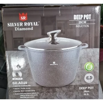 Silver Royal SR-AD28 Márvány bevonatú fazék, 28 cm átmérő, 10 Liter ürtartalom, Üveg hőálló tető, Szürke