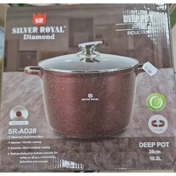 Silver Royal SR-AD28 Márvány bevonatú fazék, 28 cm átmérő, 10 Liter ürtartalom, Üveg hőálló tető, Bordó