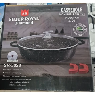 Silver Royal SR-3028 Márvány bevonatú lapos lábas, 28 cm átmérő, 4.2 Liter ürtartalom, Üveg hőálló tető, Fekete