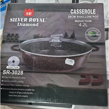 Silver Royal SR-3028 Márvány bevonatú lapos lábas, 28 cm átmérő, 4.2 Liter ürtartalom, Üveg hőálló tető, Bordó