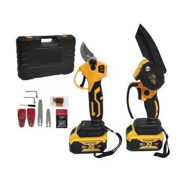 THO M-9034 akkumulátoros mini ágvágó láncfűrész és metszőolló szerszám szett, 2 db 36 V-os akkumulátorral, 10 cm vágási felület, Sárga-fekete