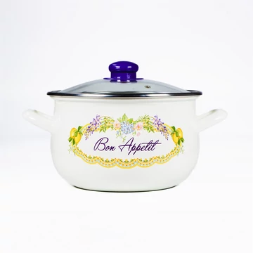TOO 467130 Belly Bon Appetit 2,1 literes, 16 cm átmérő, 11 cm magasságú Zománcozott lábas (fazék) üveg fedővel, Fehér, mintás