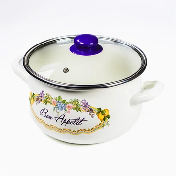 TOO 467131 Belly Bon Appetit 2,8 literes, 18 cm átmérő, 12 cm magasságú Zománcozott lábas (fazék) üveg fedővel, Fehér, mintás
