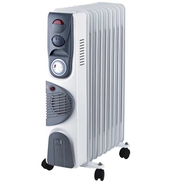 TOO OFR-9-2400-130 9 tagú elektromos olajradiátor, 2400W, Hőfokszabályozó, 3 fűtési fokozat, Termosztát, Túlmelegedés elleni védelem, Felbillenés esetén kikapcsol, 24 órás időzítő, Fehér
