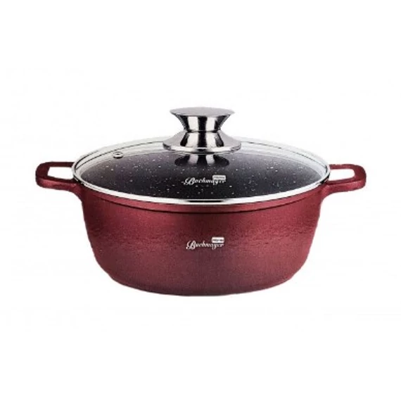 Bachmayer BM-7884-44 préselt aluminium edény tapadásmentes kerámia bevonattal, üveg fedővel, 3 rétegű hővezető alj, 44 cm Ø, 23 l, Bordó