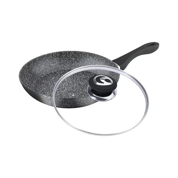 Bachmayer BM-7751-30 préselt aluminium serpenyő tapadásmentes gránit bevonattal, üveg fedővel, 3 rétegű hővezető alj, 30 cm Ø, Fekete