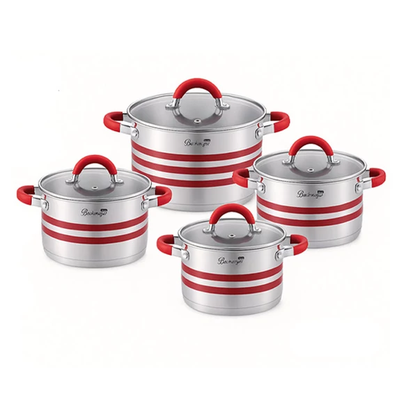 Bachmayer BM-4010 8 részes rozsdamentes acél edénykészlet, Ezüst, piros színű díszcsíkokkal és fogantyúkkal