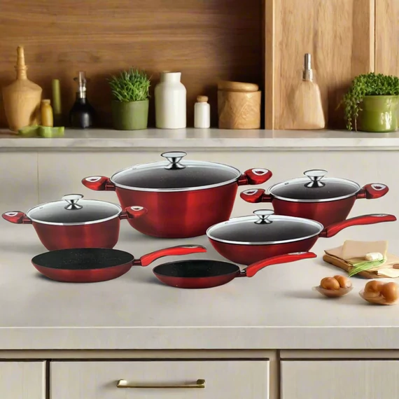 Bachmayer BM-7312 márvány bevonatú edénykészlet 10 darabos, Bordó színű