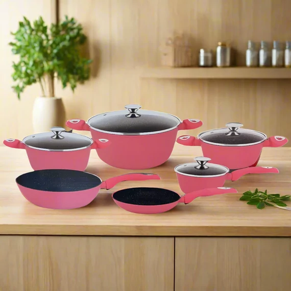 Bachmayer BM-7313 10 darabos márvány bevonatú edénykészlet, pink színű