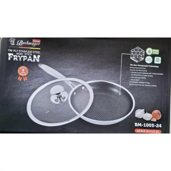 A Bachmayer BM-1005-24 Serpenyő üvegfedővel, Tapadásmentes, Különleges bevonattal, 24 cm átmérő, 2 L,