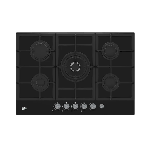 Beko HILW75235S Beépíthető gáz főzőlap, Főzőzóna 5 db, Üveg felület, Wok égő, Zománcozott edénytartók, Gyerekzár, Égésbiztosító, Mechanikus (Forgatógombok), 75 cm széles, Fekete