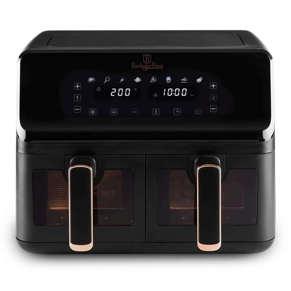 Berlinger Haus BH/9469 fekete- rózsaarany 4,1 L+4,1 L forrólevegős sütő 2700W XXL méret Tapadásmentes olajtálca és kosár Digitális
