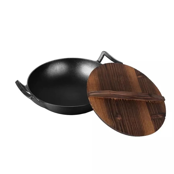 BERLINGER HAUS LP-BH-190 öntöttvas wok fa fedővel, 30 cm, 3 az 1-ben, Sütőbe tehető, Indukciós főzőlapon használható, Piknikezéshez is alaklmas, Fekete