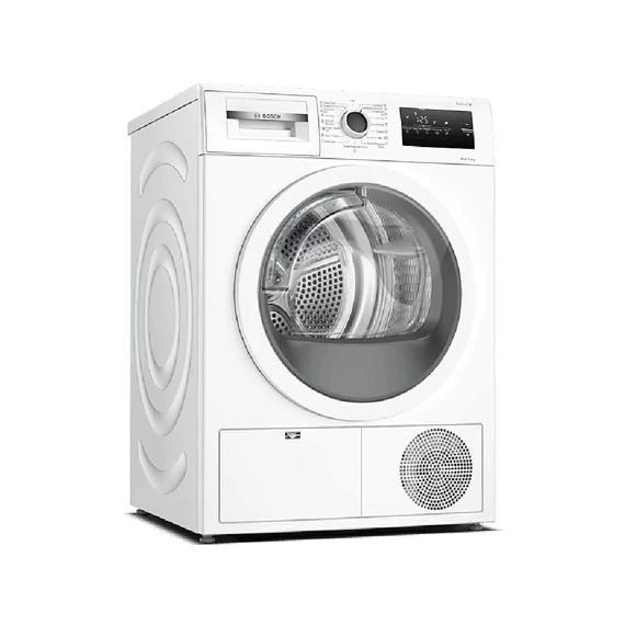 Bosch WTH85205BY Hőszivattyús kondenzációs szárítógép Serie4  7kg  A++  Fekete-fehér ajtó  EasyClean kondenzátor  TouchControl kijelző  Választható szárítási fok  Vasaláskönnyítés  Kímélő szárítás Időzíthető Energia: 212 kWh / év
