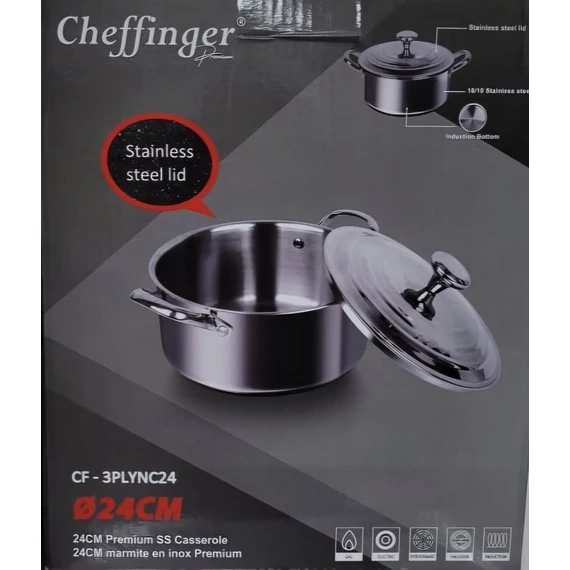 Cheffinger CF-3PLYNC24 Rozsdamentes lábas üvegfedővel, Tapadásmentes és karcálló bevonat, 24 cm, Ezüst 