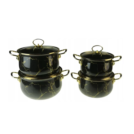Edenberg EB-9112 Zománcozott edények 8 db, fekete edénykészlet arany márvánnyal, (18-20-22-24 cm)