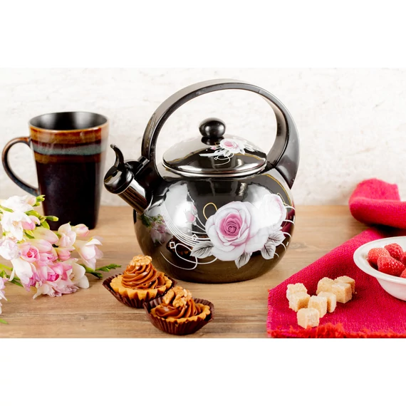 Edenberg EB-1779 Fütyülős Zománcozott Vízforraló 2,2 l, Fekete, Virág motívummal (Doboza sérült, termék nem)