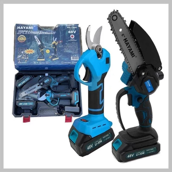 HAYAMI HA-1004 Dupla Akkus Automata Olajozású Mini 6" Láncfűrész És Elektromos Metszőolló 