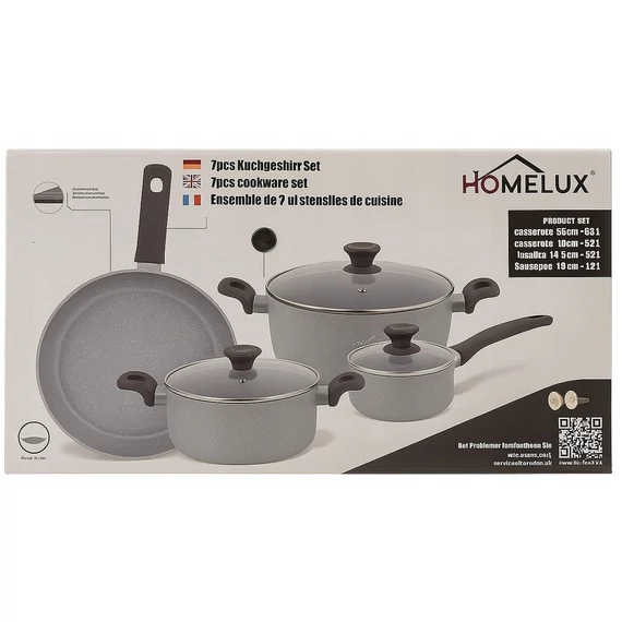 HOMELUX HL-7PFCSCW Edény és Serpenyőkészlet 7 db-os, Márvány felület, Bakelit foggantyúk, Tapadásmentes felület, Szürke, (minden típusú tűzhelyhez alkalmas, beleértve az indukciót is)