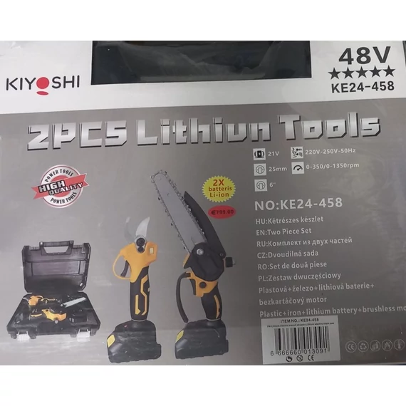Kiyoshi KE24-458 Akkus Metszőolló és Láncfűrész, 2db 48V akkuval,kofferben,