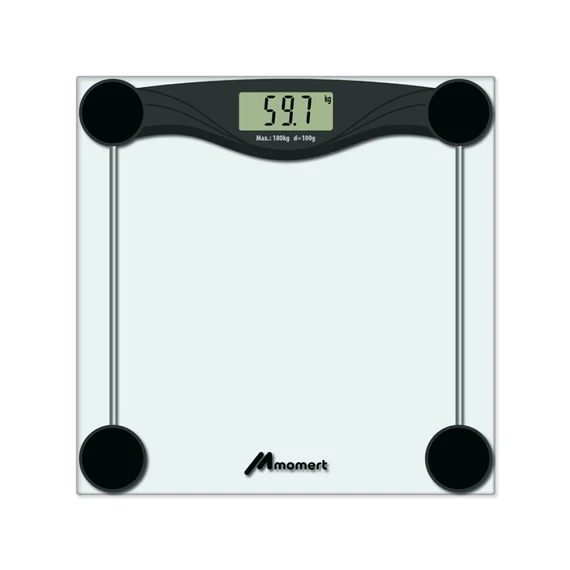 Momert 5873 Digitális üveg mérőfelületű személymérleg, Maximális terhelhetőség 180 kg, Leolvasási pontosság 100 g, LCD kijelző