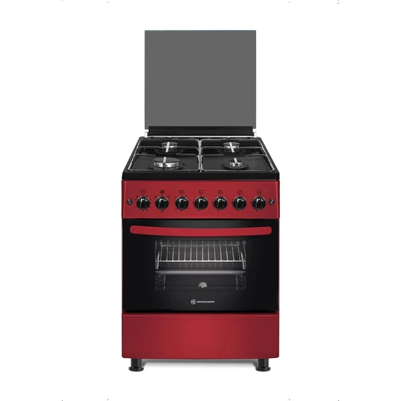 Novacook F6B40EF R kombinált tűzhely, 4 égőfej, 66 L, Grill, Nyárs, Légkeverés, meggypiros