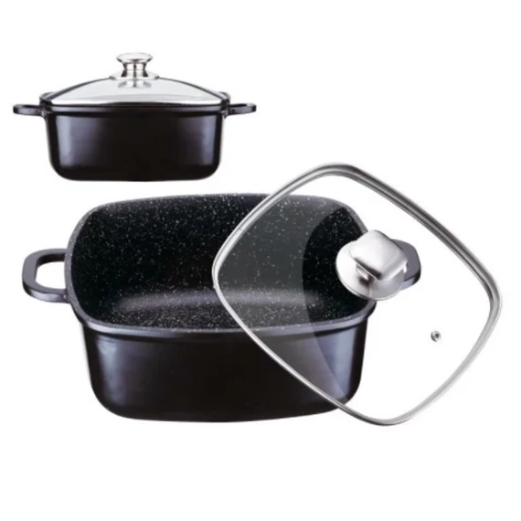 Peterhof PH-15830-24 Gránit bevonatú mély pecsenyesütő, Üveg fedővel, 4.5 liter, Fekete