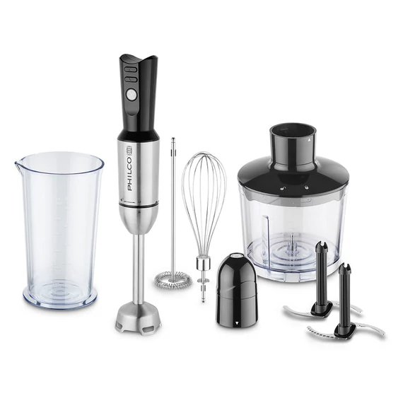 PHILCO PHHB 6615 Botmixer szett, 1200W, 600 ml mixelő és 500 ml aprító edény, Tejhabosító, Ballonos habverő, Rúdmixer fej, Fekete-Ezüst
