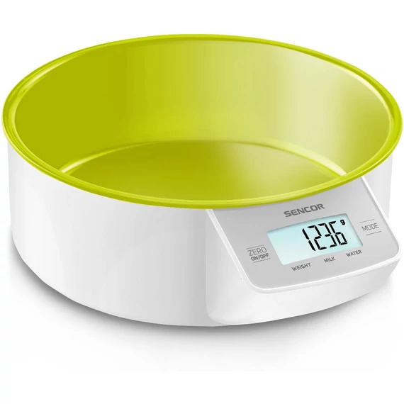 Sencor SKS 4004GR Tálas konyhai mérleg, 5kg/1g, LCD kijelző, mérlegelés/tejmérés/vízmérés, Zöld
