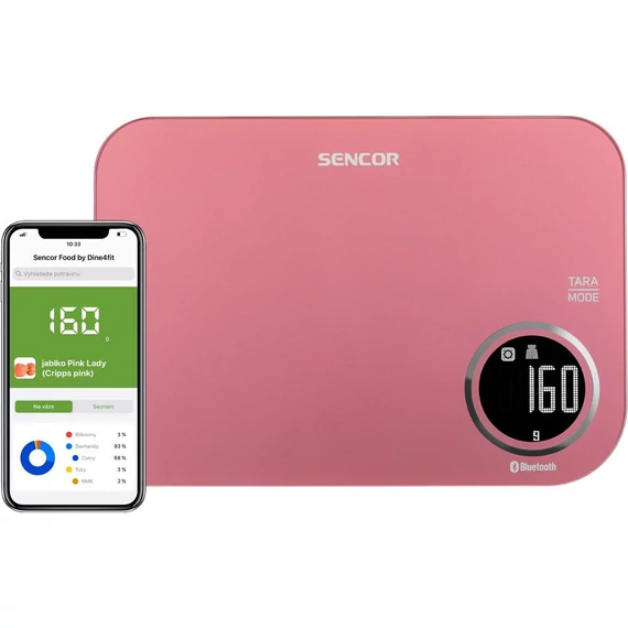Sencor SKS 7074RD Smart konyhai mérleg, LCD kijelző, Sencor FOOD alkalmazás, Dine4Fit adatbázis, Android vagy iOS, Bluetooth, 5 kg/1 g, tömeg mérés, tejtérfogat/víztérfogat mérés, Piros