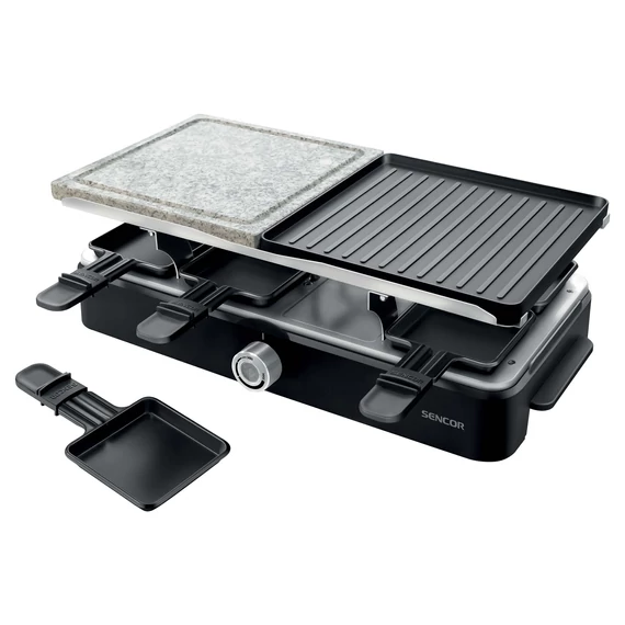 Sencor SBG 0260BK Raclette Grillsütő, 1400W,  2in1-ben, sima és barázdált sütőlap, Kivehető, Tapadásmentes felület