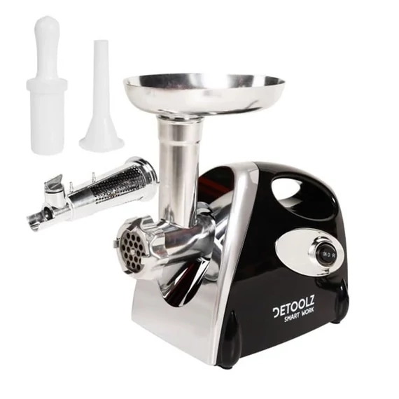 Detoolz DZ-CB1004-G01 Elektromos húsdaráló 1400 W, 3 db darálótárcsa, 90 kg/óra feldolgozási kapacitás, Ezüst-Fekete