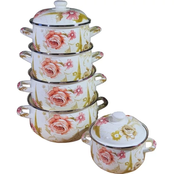  Zilner ZL 8504 Üveg Zománcozott minőségi acél edénykészlet 18/20/22/24/26 cm, 5 db-os készlet, fém fedővel, virág mintás
