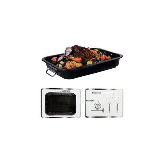 Zurrichberg ZB-2037 Sütőtepsi szögletes 5 darabos készlet, 39x29x6cm, Tapadásmentes bevonat, Grillező rács, 2 db Húsvilla, Hús hőfokmérő, Fekete