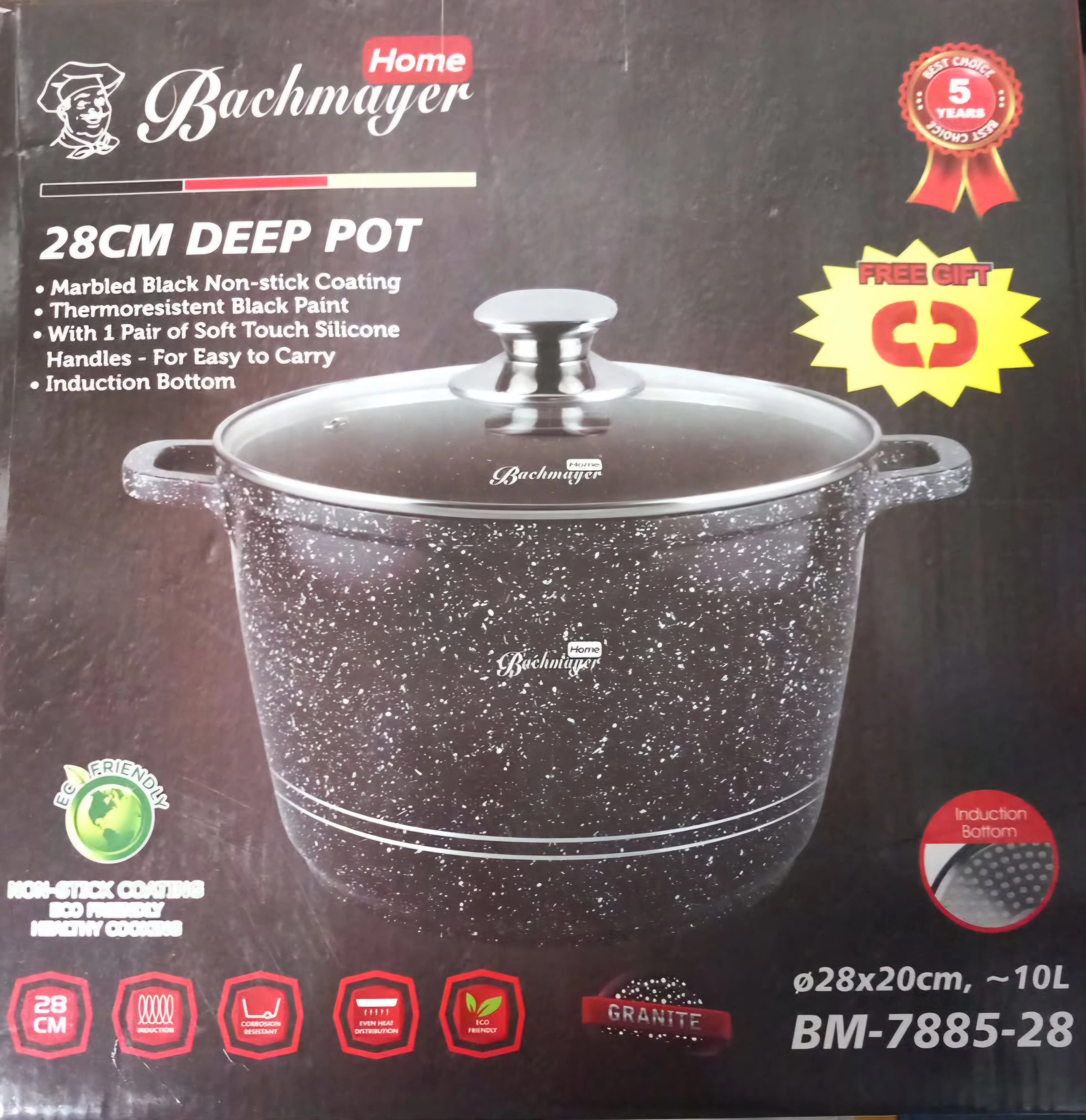 Bachmayer BM 7885-28 Márvány bevonatú 28 cm lábas, 28x20 cm 10 L, Fekete