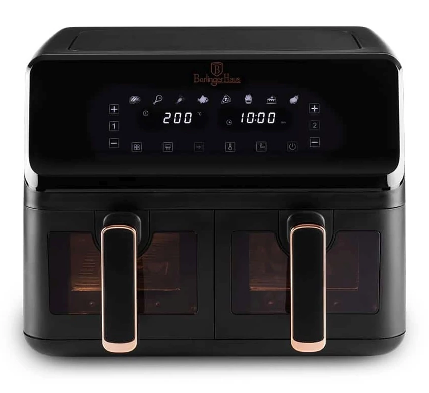 Berlinger Haus BH/9469 fekete- rózsaarany 4,1 L+4,1 L forrólevegős sütő 2700W XXL méret Tapadásmentes olajtálca és kosár Digitális
