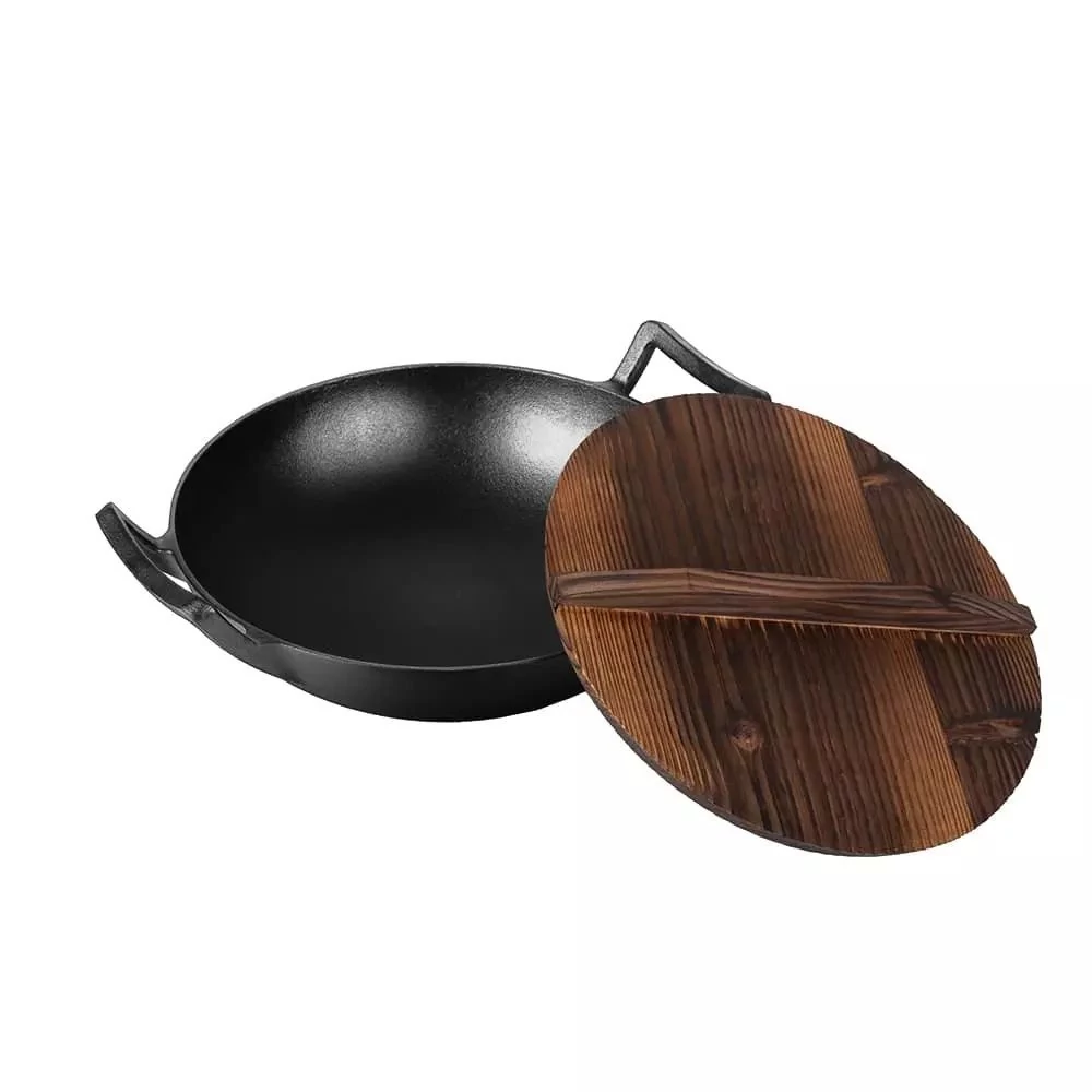 BERLINGER HAUS LP-BH-190 öntöttvas wok fa fedővel, 30 cm, 3 az 1-ben, Sütőbe tehető, Indukciós főzőlapon használható, Piknikezéshez is alaklmas, Fekete